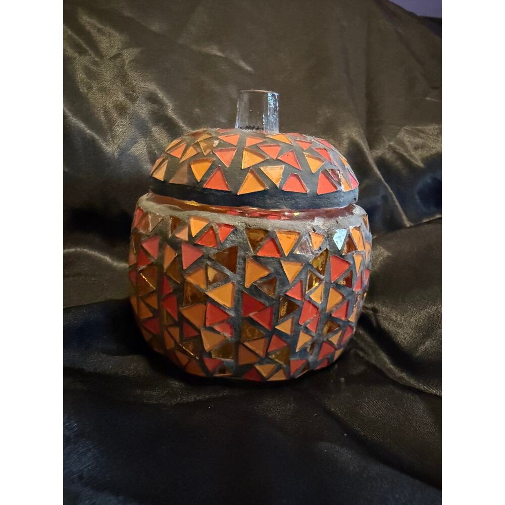 Mosaic glass pumpkin jar 6”x3” fall colors Halloween